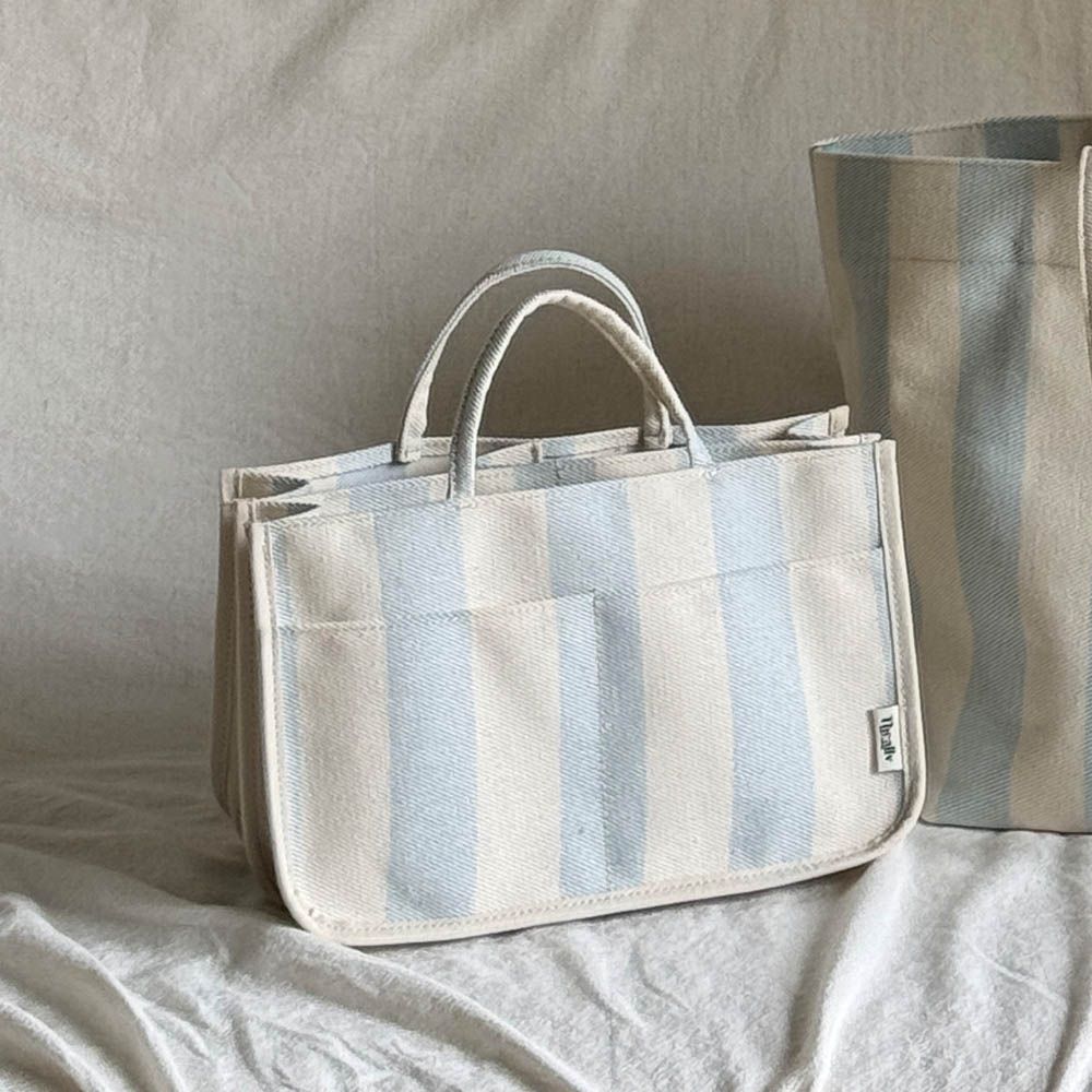 多用途手提內夾層帆布包-直條紋-天藍
