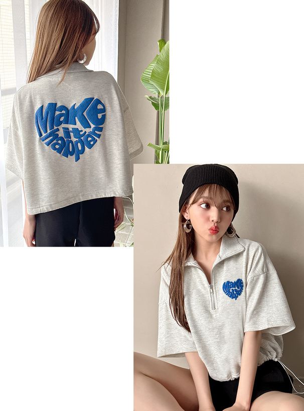 日本 GRL - 英文立體印花翻領短T-燕麥灰 (F)