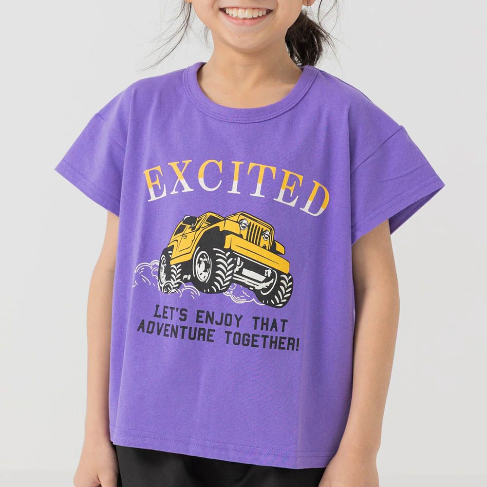 100%棉 可愛印花短袖上衣-越野車-紫