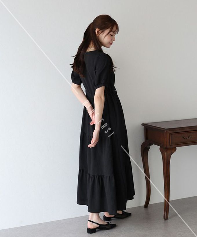 日本 BLUE EAST - 桃心領氣質分層短袖洋裝-水藍 ((短版))