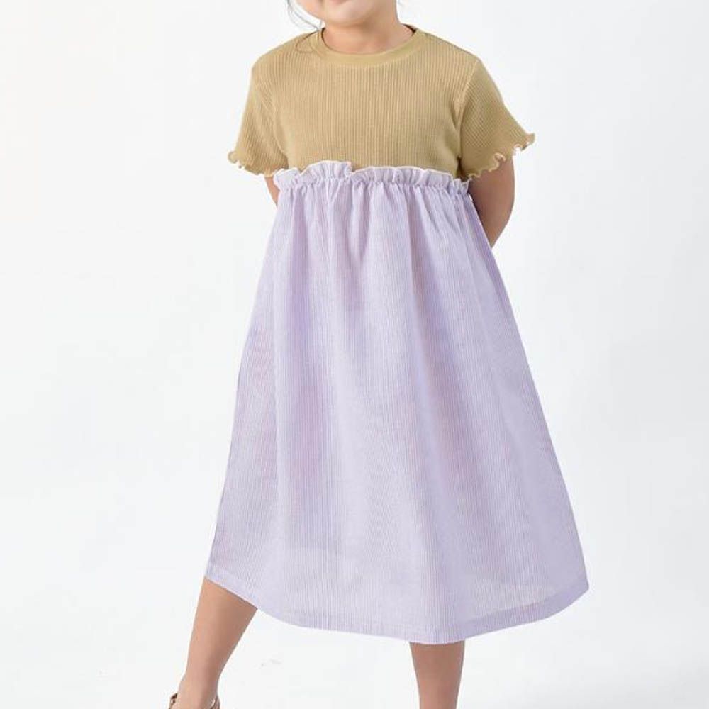 拼接撞色羅紋短袖洋裝-棕x紫