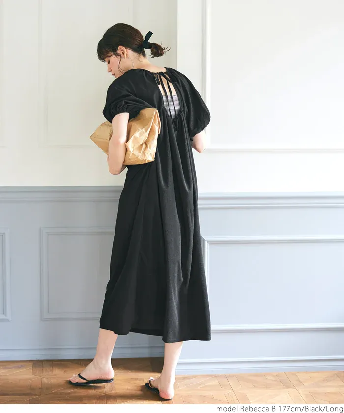 日本 COCA - 甜美後綁帶短袖洋裝-卡其