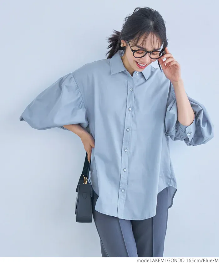 日本 COCA - 翻領寬鬆氣球袖襯衫-米杏