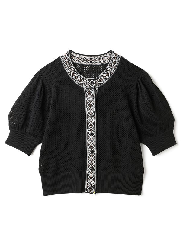 日本 GRL - 民族風圖騰雕花圓領短袖上衣-淺灰米