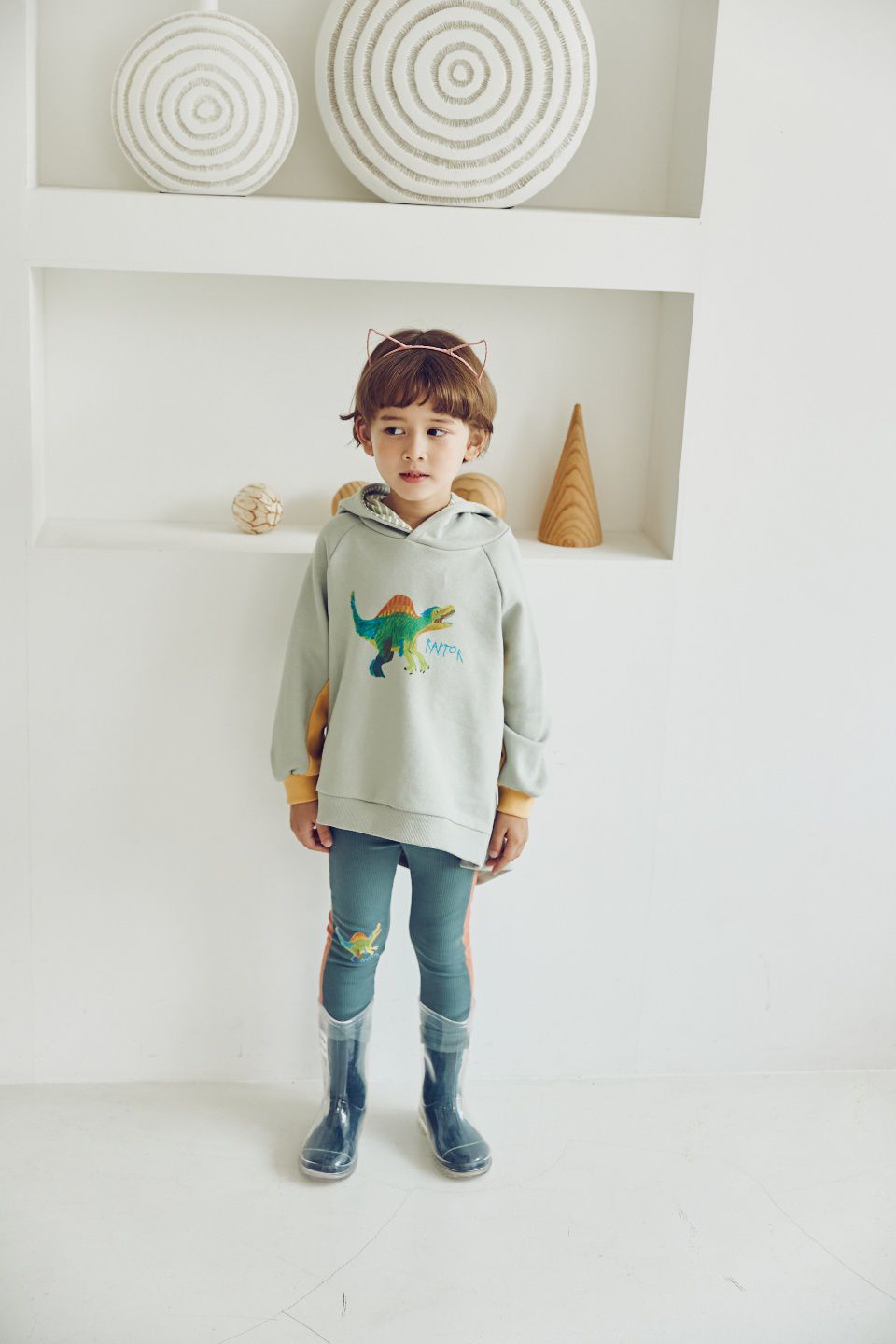 韓國 Mimico - 手繪恐龍立體造型連帽上衣-淺灰綠