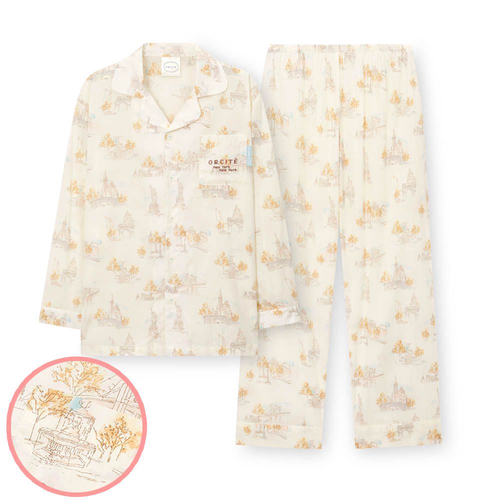 (爸爸)透氣輕柔棉翻領長袖睡衣套裝-紐約素描-米