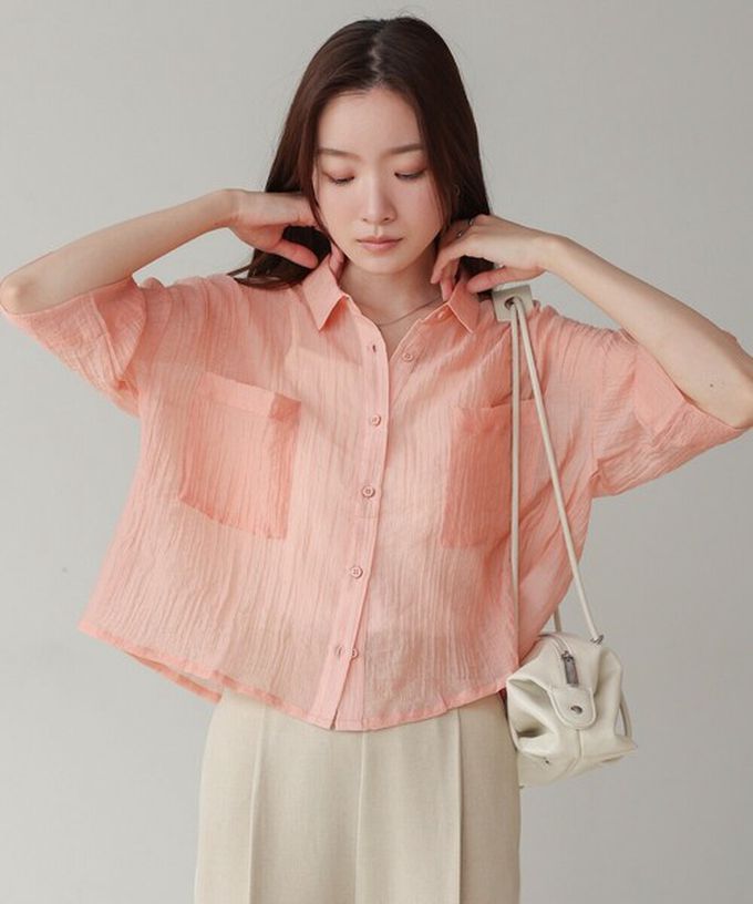 日本 Bab - 透膚感清爽短版五分袖襯衫-卡其棕 (M)