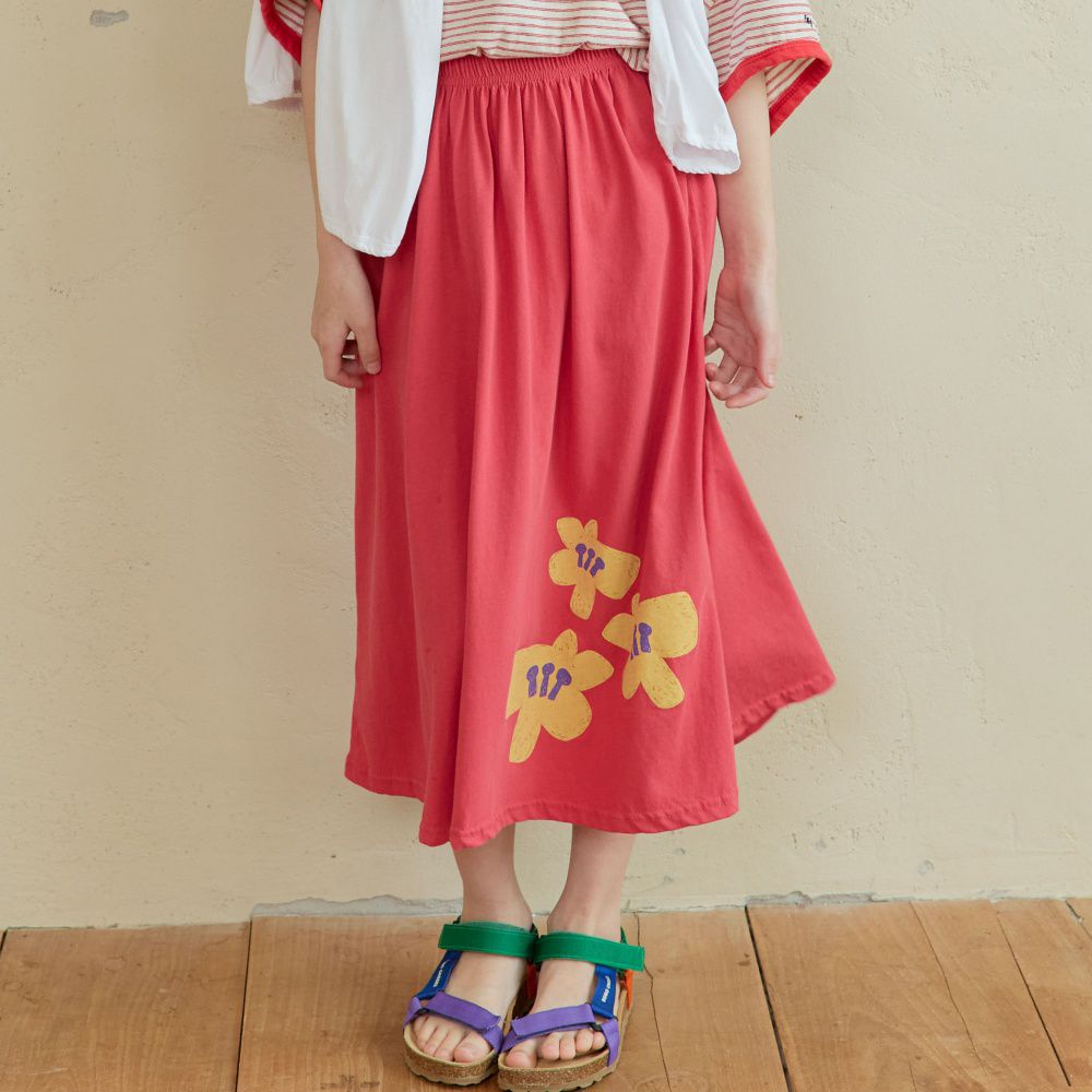 NAVi 鬆緊腰純棉休閒中長裙-塗鴉花朵-紅