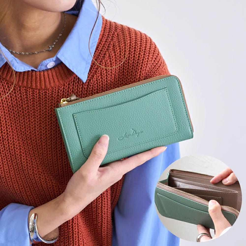 極輕巧-3cm薄型雅緻真皮長夾-草綠x棕 (17.3x9.2cm)