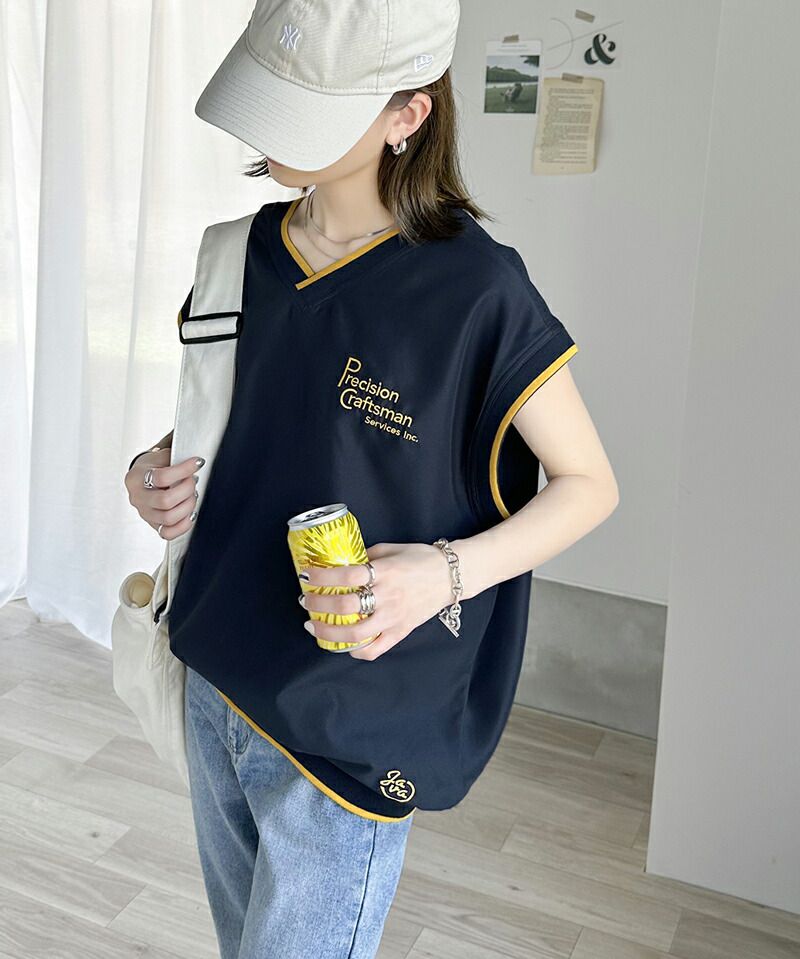 日本 Classical Elf - 英文刺繡百搭無袖上衣/背心-深藍