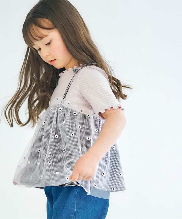 日本 apres les cours - 花朵刺繡拼接夢幻短袖上衣-卡其x粉紅