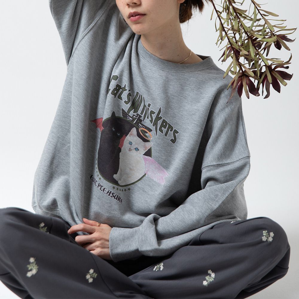 裏毛寬版天使惡魔貓咪印花大學T-淺灰