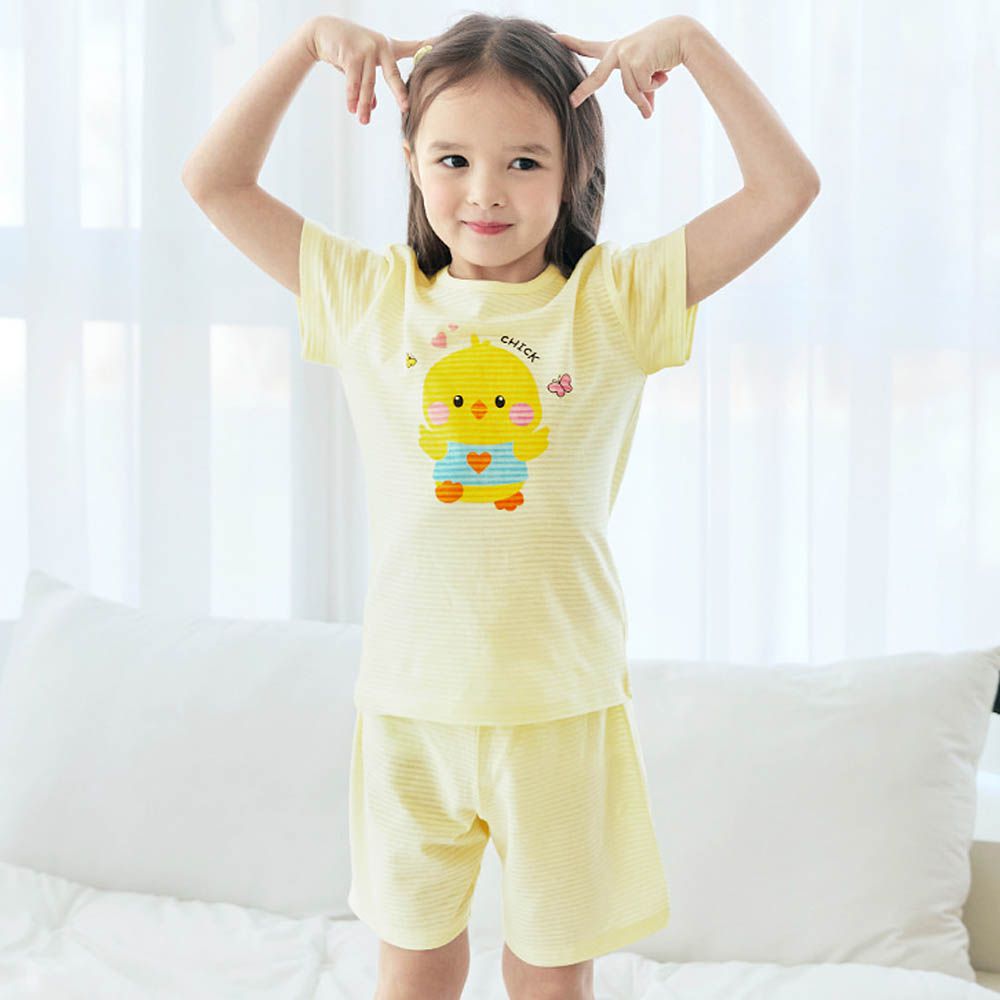 透氣條紋提花棉短袖家居服-可愛小雞-淡黃