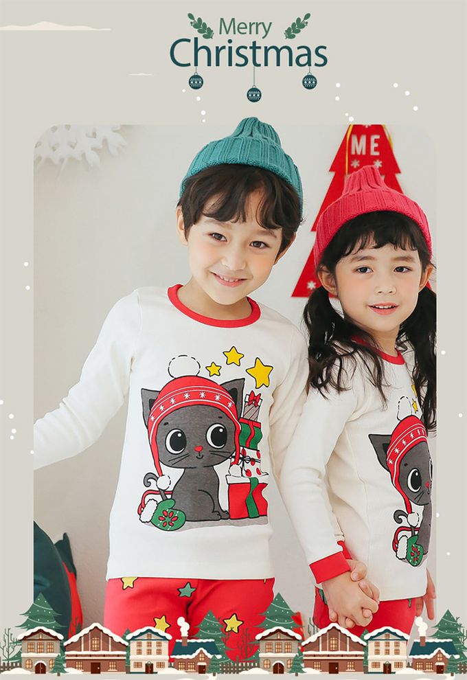 正韓 Puco - 超優質嬰幼兒/兒童長袖100% 有機純棉家居服/睡衣-聖誕貓貓
