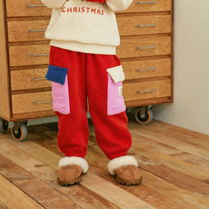 韓國 First Blue - 鬆緊腰側邊大口袋休閒棉褲-寶藍