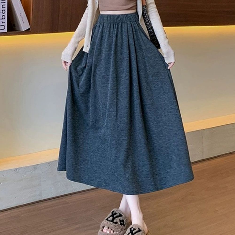 舒適鬆緊腰顯瘦抗皺A字中長裙-深灰