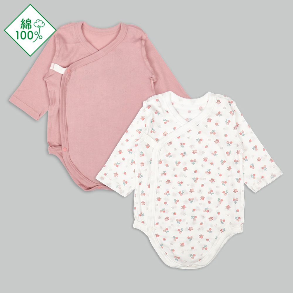 輕鬆方便長袖包屁衣2件組-前開式 草莓-粉紅色