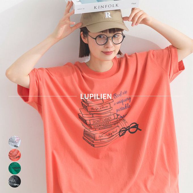 日本 Lupilien - 16OE天竺棉 氣質書籍印花寬鬆短袖上衣-草綠