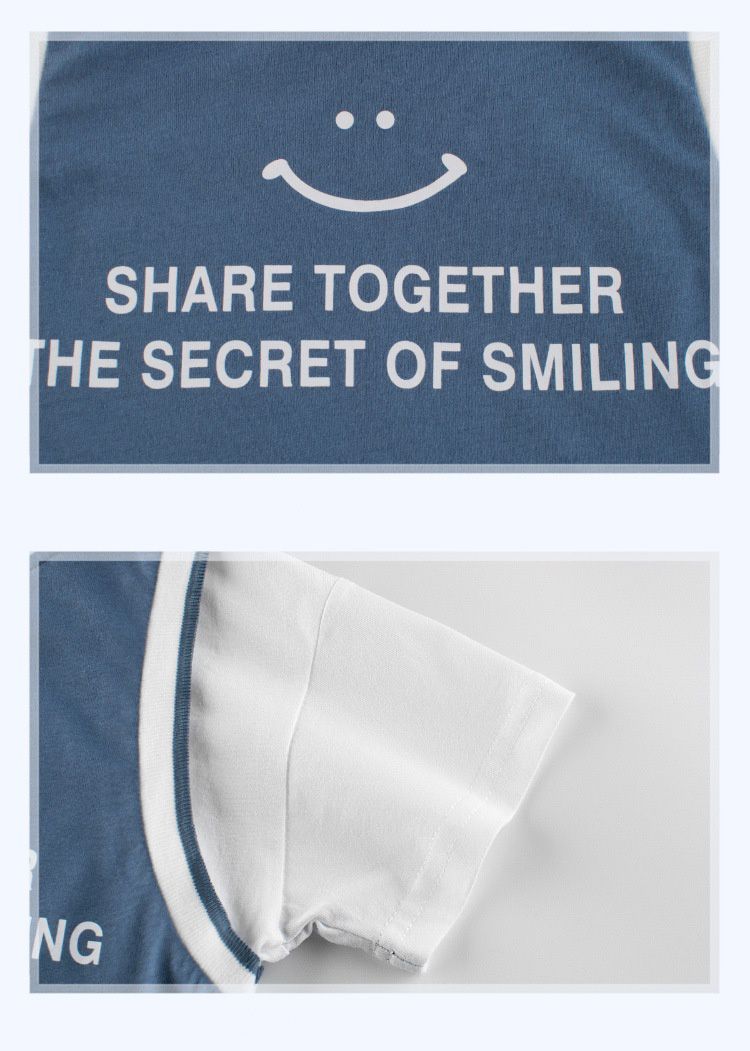 純棉假兩件休閒短袖套裝-微笑-海軍藍