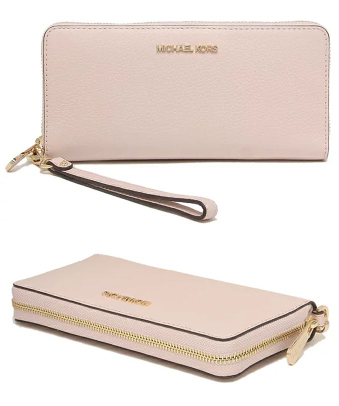 MICHAEL KORS - 鵝卵石紋皮革拉鍊長夾 (淺粉)