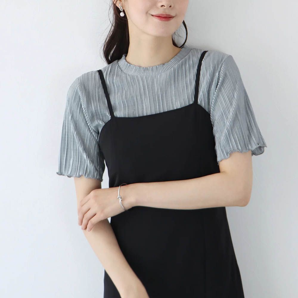 韓國製 圓領輕盈細摺光澤短袖上衣-灰藍 (M)