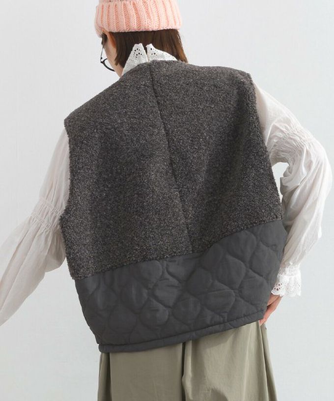 日本 Lupilien - 文青風異素材毛絨拼接保暖背心-炭灰