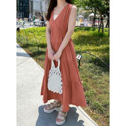 日本 GRL - V領蛋糕層次飄逸背心洋裝-橘紅