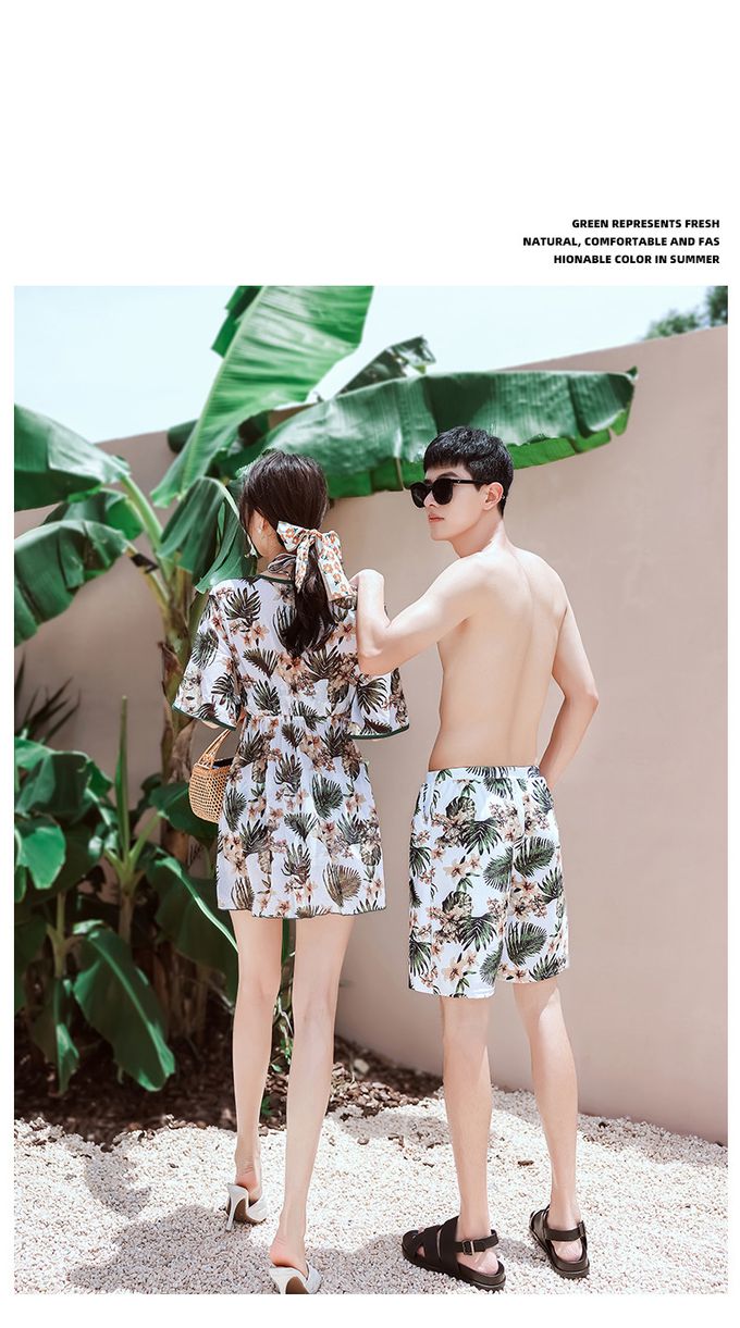 男士泳褲-復古葉片-棕+綠+白