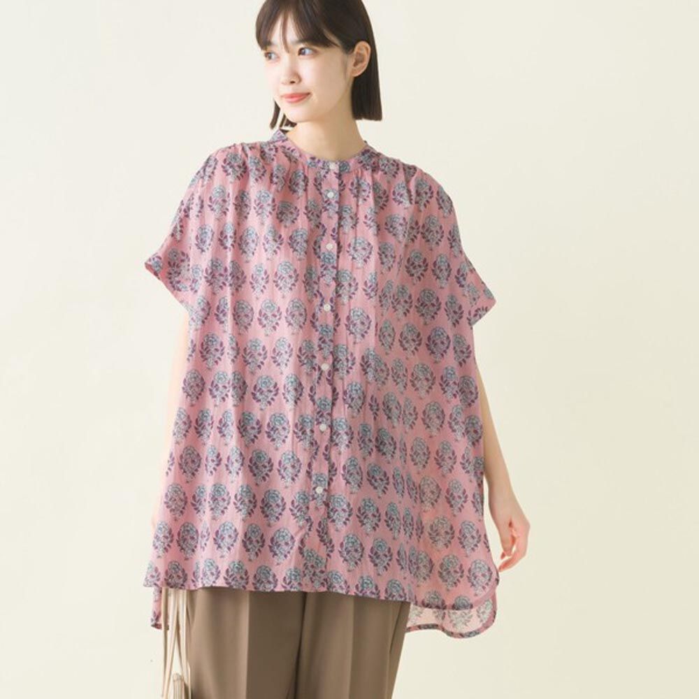 日本 OMNES - 100%印度棉 夏日印花輕盈寬版襯衫-粉紫圖騰