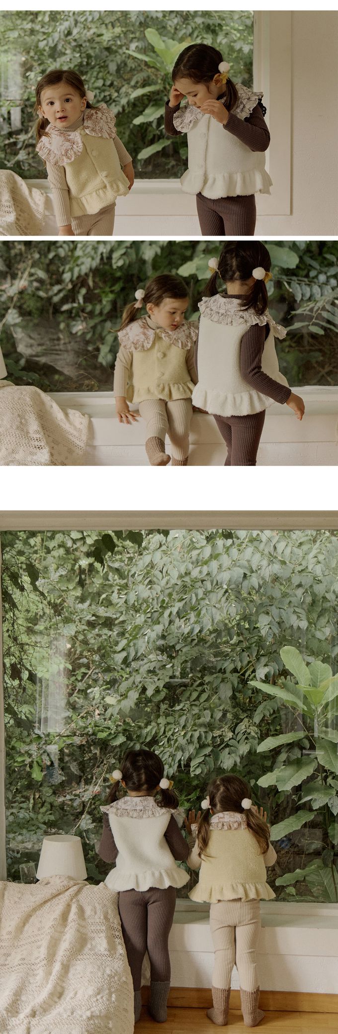 韓國 Puellaflo - 古典水墨印領裝飾毛絨背心-象牙白X黑灰