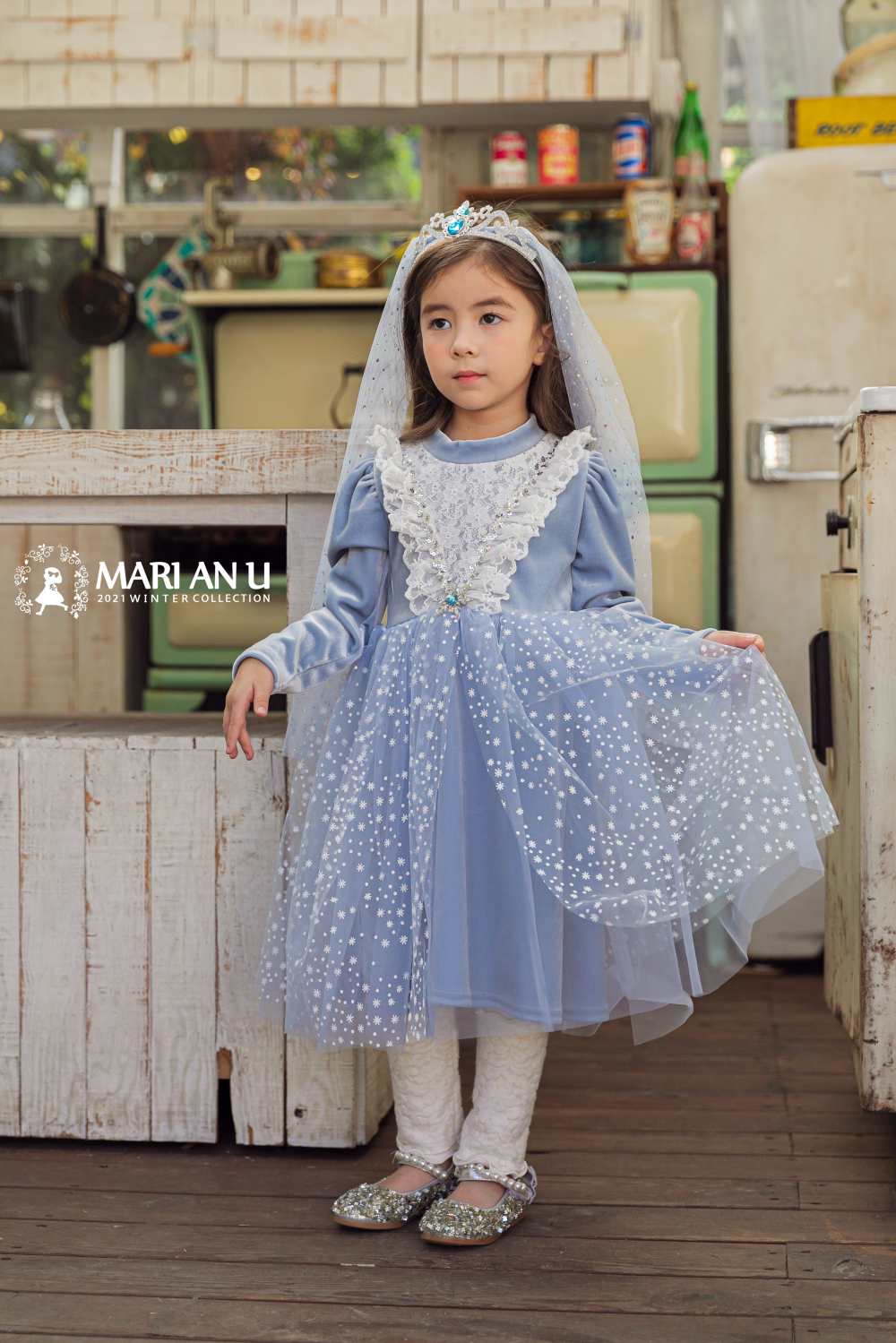 韓國 Mari an u - 雪的女王網紗洋裝-藍