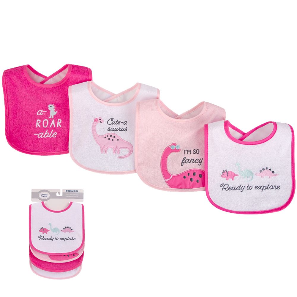 美國 Luvable Friends - 甜蜜寶貝嬰幼兒口水巾圍兜4入組(上層棉質吸水/底層防水)-恐龍小姐