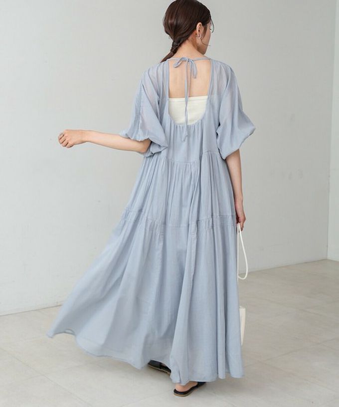 日本 Bab - 100%棉 巴里紗柔軟素色寬袖洋裝-水藍 (S)