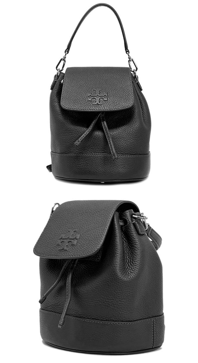 TORY BURCH - 素面皮革翻蓋後背包-黑色