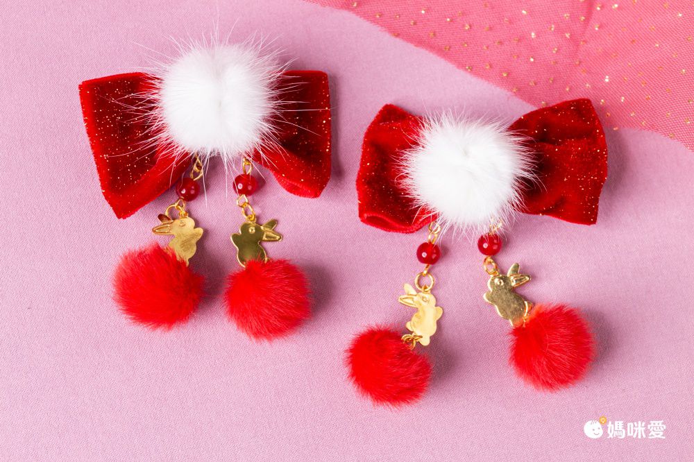 兔年喜氣洋洋拜年兒童髮飾-蝴蝶結+小金兔-紅色