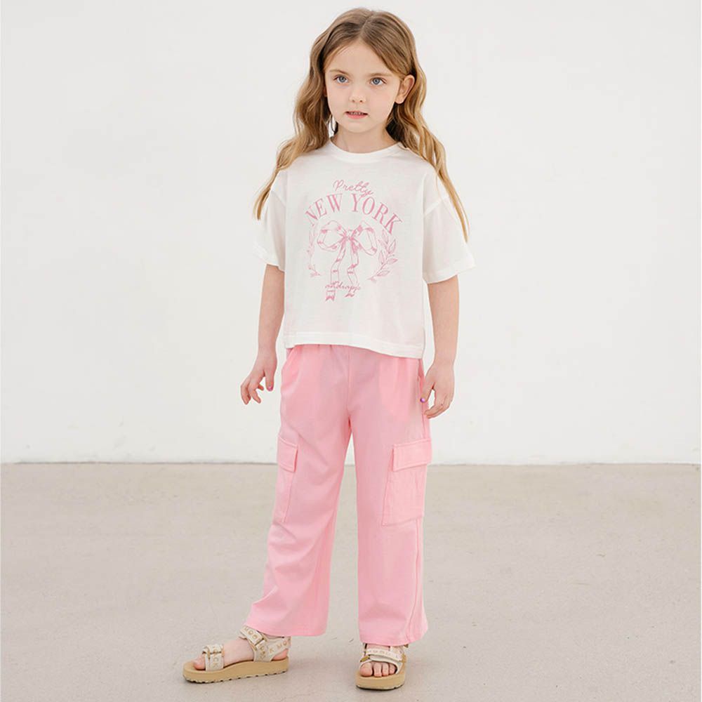 蝴蝶結圖案純棉短袖上衣X長褲套裝-白X粉