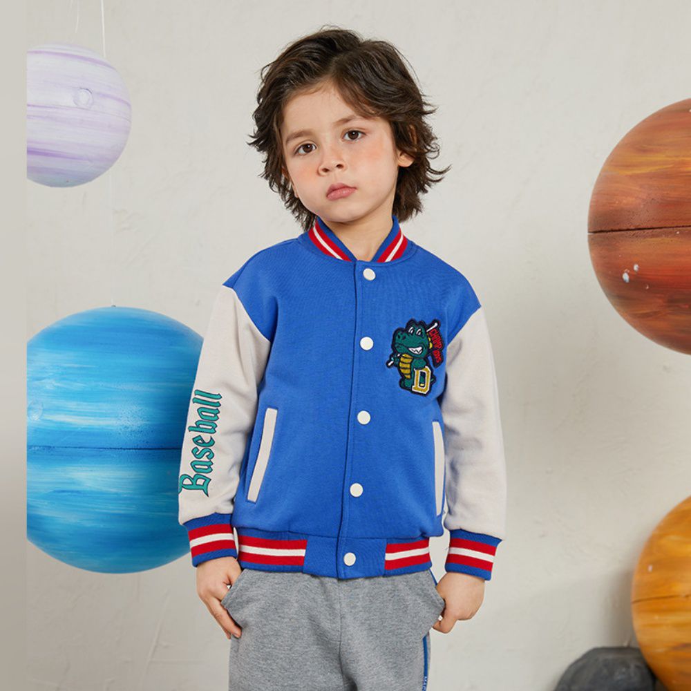童趣拼色棒球外套-驕傲壞壞恐龍-深藍+杏