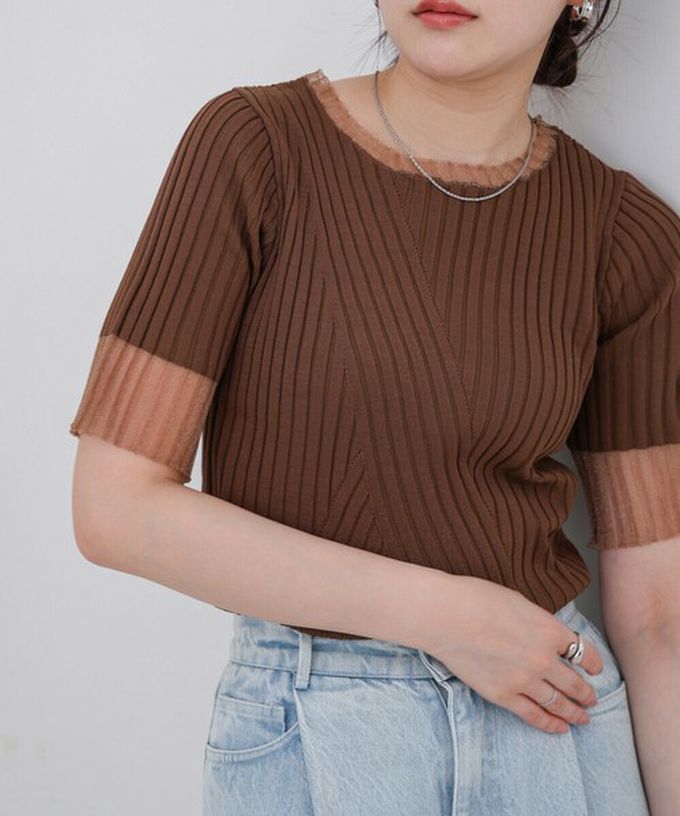 日本 Bab - 柔美異材質顯瘦羅紋五分袖上衣-炭灰