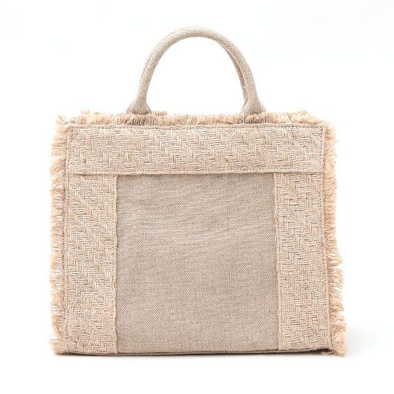 日本 COOCO - 棉麻流蘇大容量方型手提包-焦糖 (30x26x12cm)