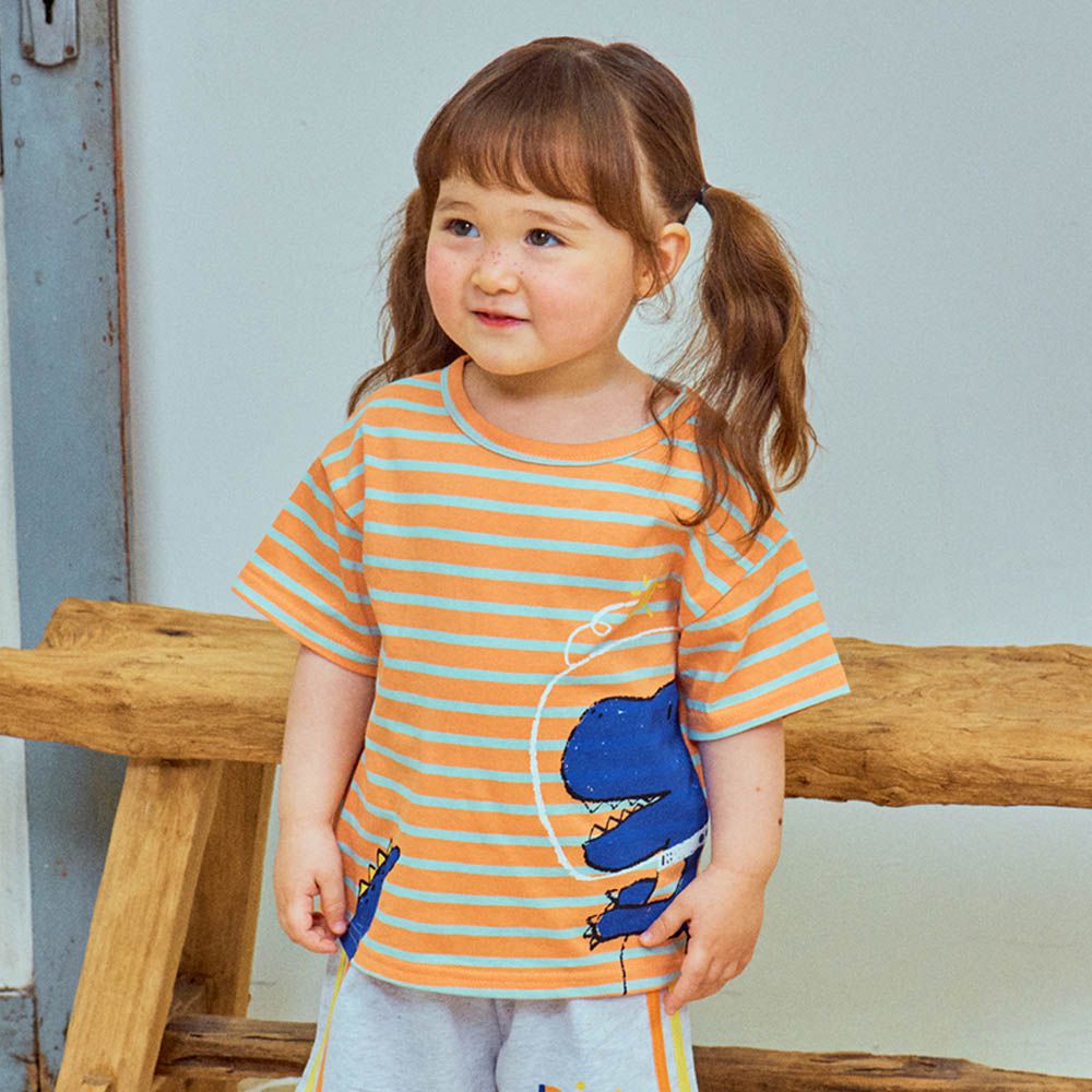 太陽恐龍條紋短袖上衣-橘X淺綠