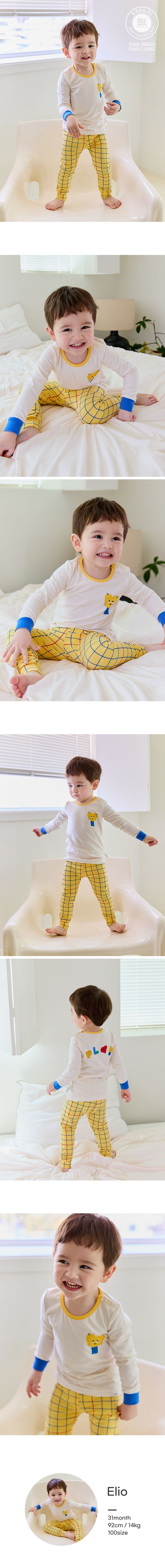 韓國 Cordi-i - 無螢光棉薄款彈性長袖家居服-拼接PLAY-米X黃