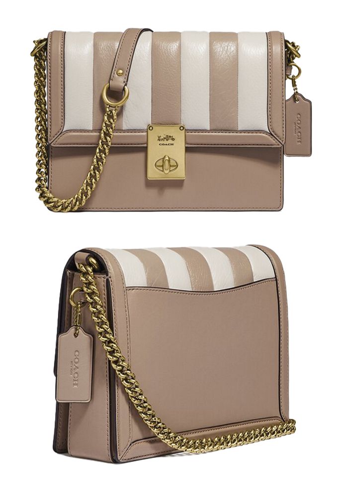 COACH - 拼接皮革翻蓋斜背包 (卡其白條紋)