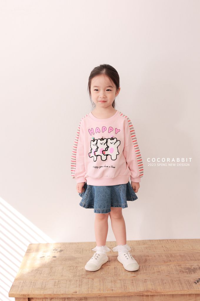 韓國 Coco rabbit - 跳舞小熊橫紋配色長袖上衣-天空藍