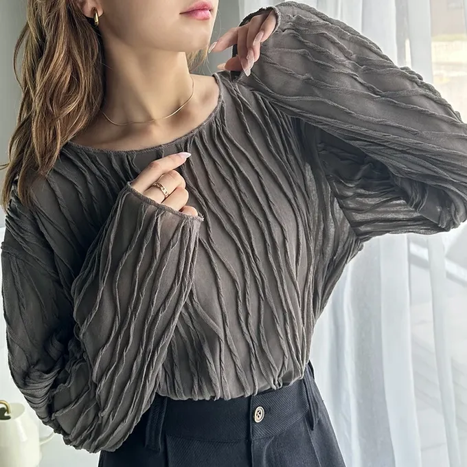 日本 Classical Elf - 圓領波紋透感長袖上衣-深灰藍