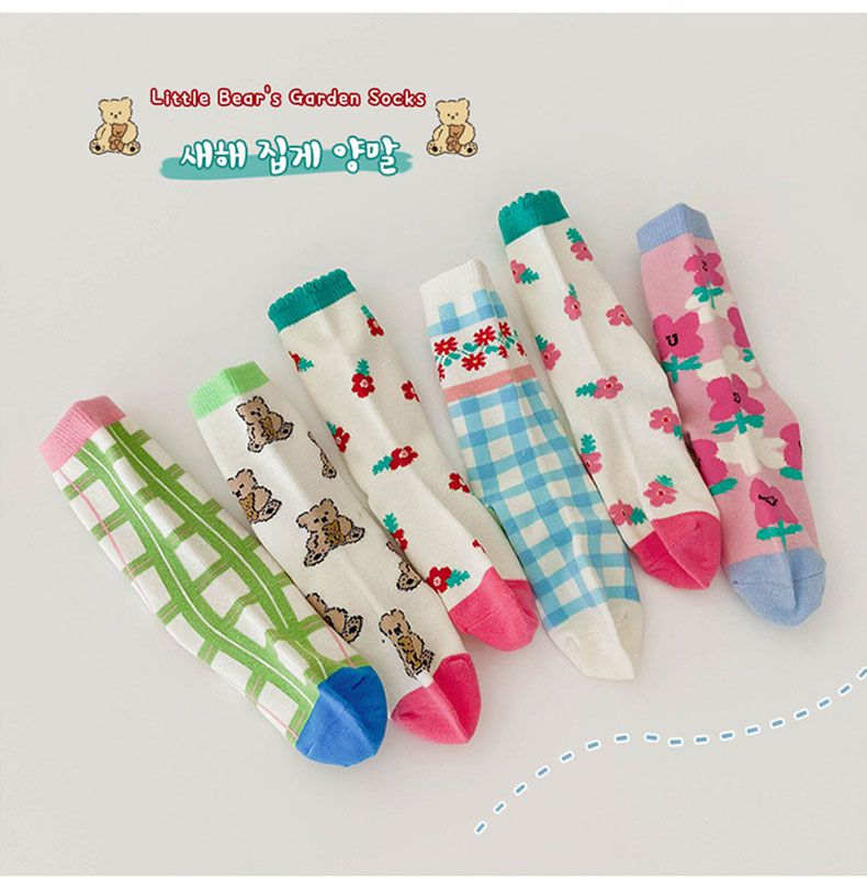 兒童中筒襪 (三入一組)-1093小熊花園-A款綠