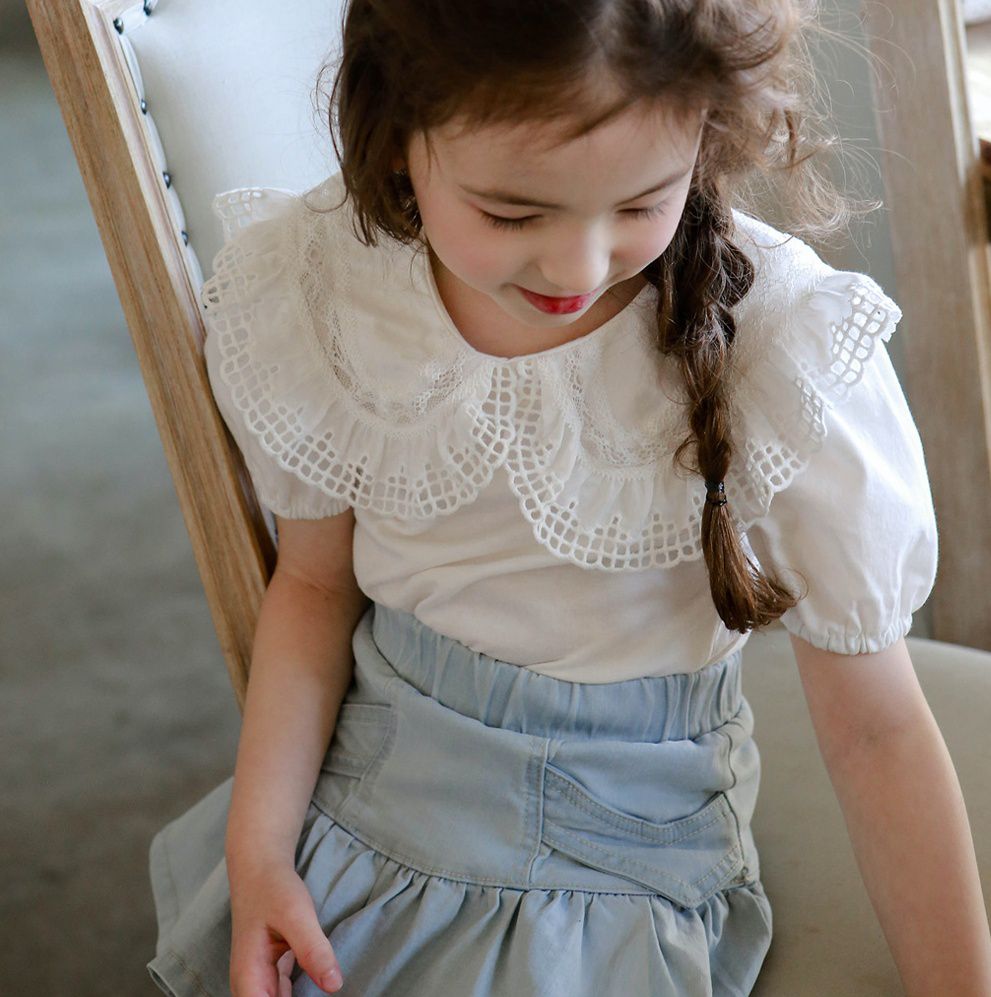 韓國 PuellaFLO - 鏤空格子大白領上衣-象牙白