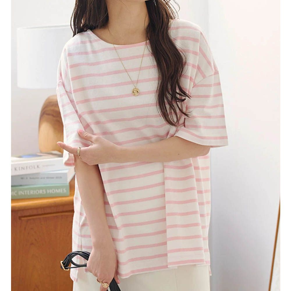 100%棉船領優雅條紋短袖上衣-白x粉紅