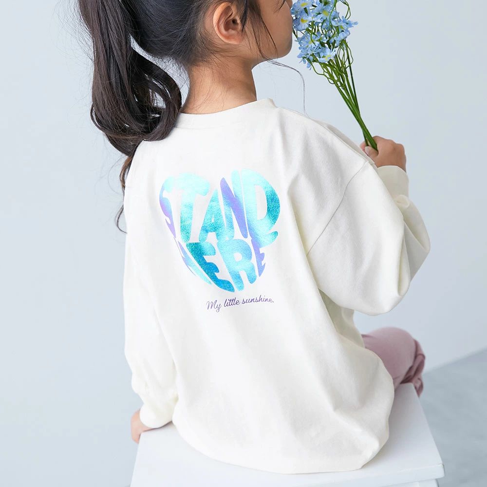 100%棉 閃亮金屬印花長袖上衣-愛心字母-白