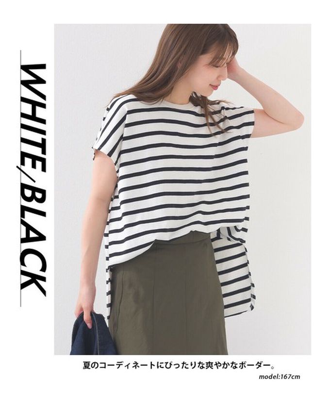 日本 OMNES - 接觸冷感 純棉不易皺法式袖上衣-細條紋-藍x白