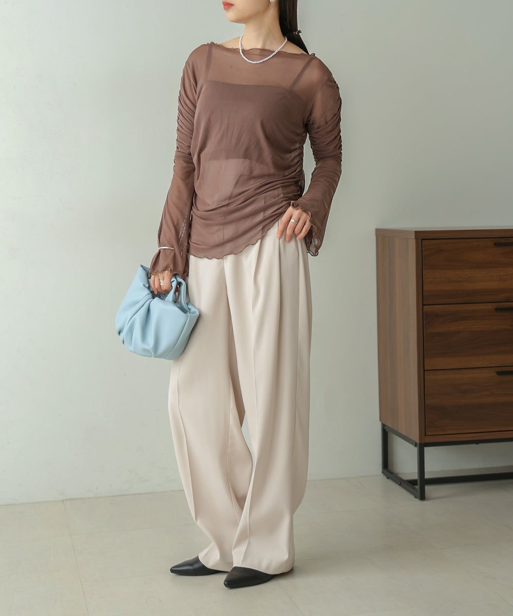 日本 Bab - 時尚透感抓皺長袖內搭/上衣-深可可